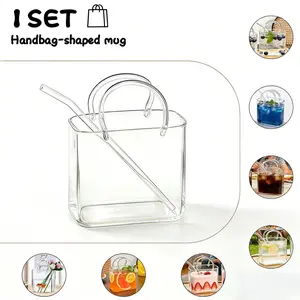 2 Piece Set Creative Handbag Shape Glass Cup, High Borosilicate Transparent Water Cup, Straw Included, Home Coffee Juice Cold Drink Party Decor Tumblers Drinkware
