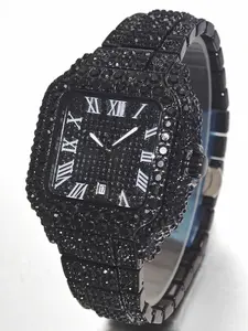 Men's Diamond Square Watch, Hip Hop Full Drill Wristwatch, Roman Numeral Dial, Trendy Personalized Men's Watch, Elegant Square Dial, Rhinestone Watches, Quartz Analog Watch, Rhinestone Embellished Watch