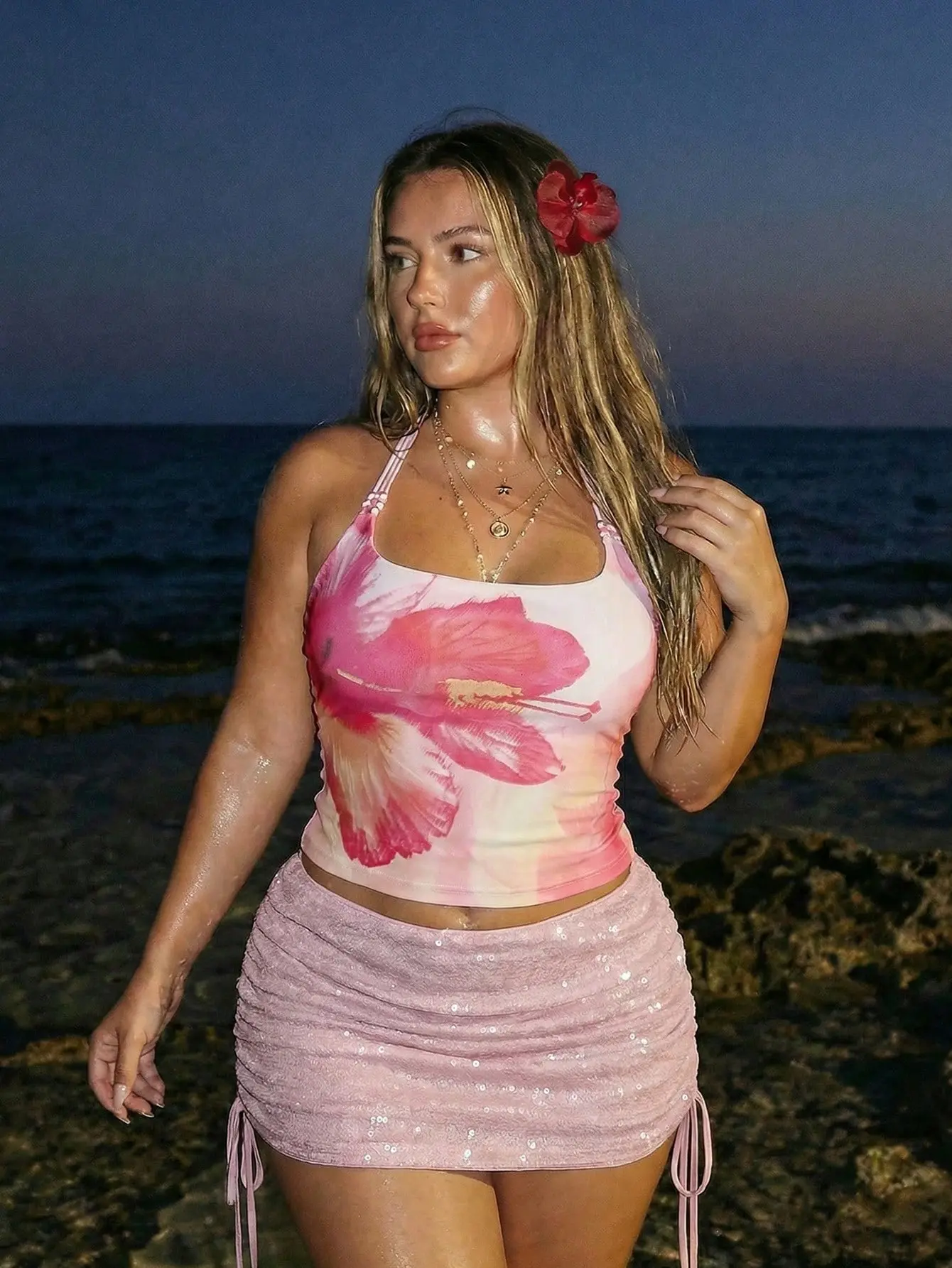 BLUSHB Plus Size Floral Print Beaded Decor Halter Neck Knit Top Summer Vacation Beach Outfit Resort Wear Y2K