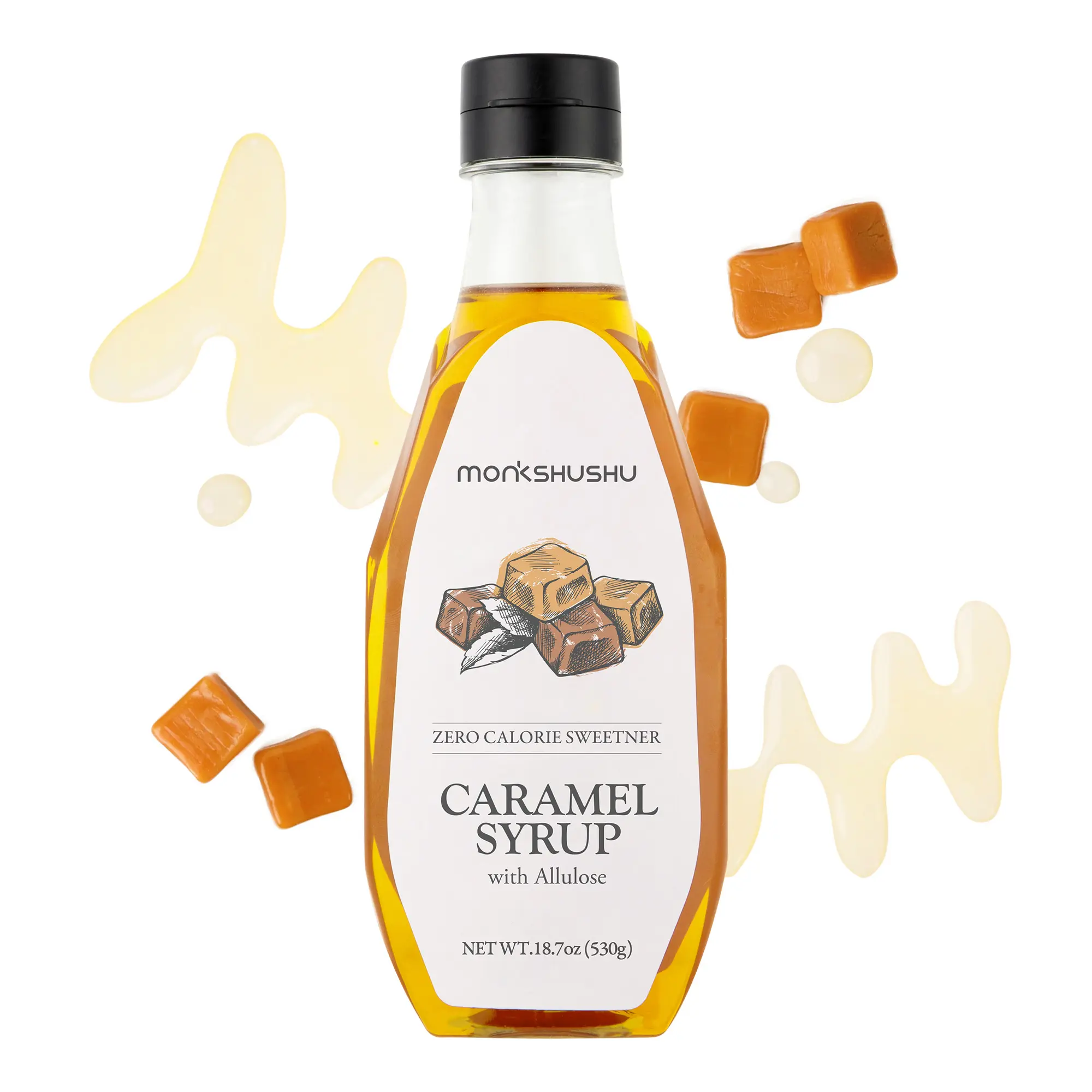 MONKSHUSHU Caramel Allulose Syrup 18.7 Fl Oz for coffee, drinks - Keto Diet, Vegan friendly, Diabetes-Safe - Zero Calorie, Liquid type Sugar Substitute - Monk Fruit - Gluten Free, 0g Net Carbs, Non-GMO