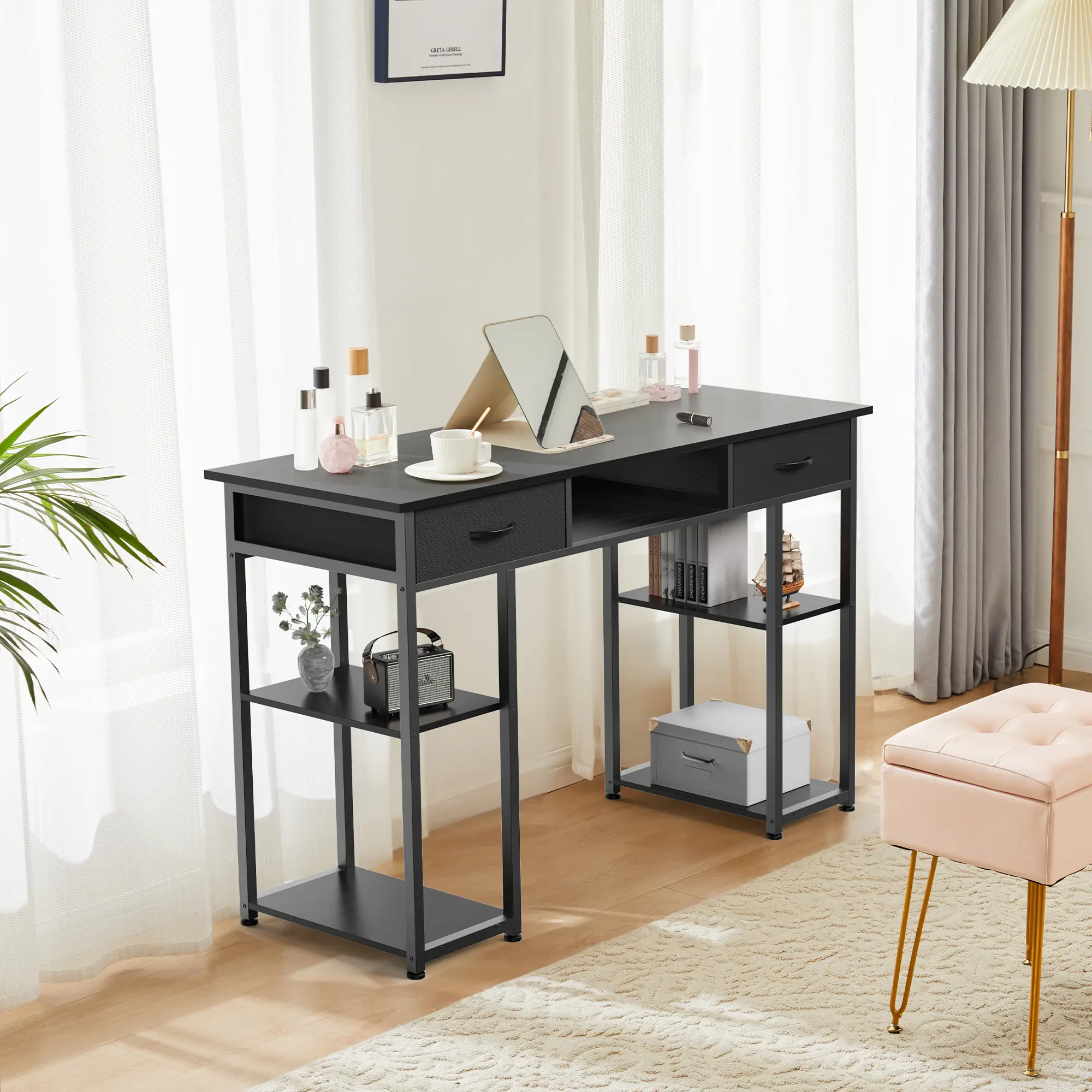 【Deal】Computer Desk Small Home Office Bedroom Writing Study PC Table with Storage Space Fabric Side Bag Headphone Hook Metal Frame Adjustable Feet