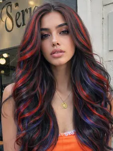 26 Inch Black And Red Purple Highlight Body Wave Texture Lace Front Wig Heat Resistant Synthetic Hair Glueless Design for Daily & Party Wear Glueless Ready To Wear Wig