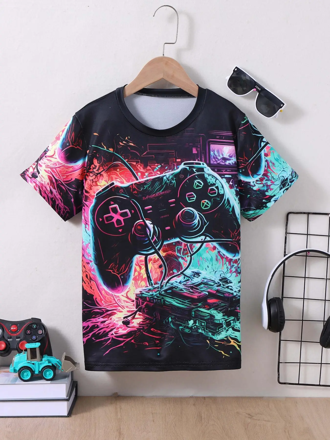 Boy's Game Console Print Round Neck Tee, Fashion Casual Crew Neck Short Sleeve T-Shirt for Daily Outdoor Wear, Kids Clothing for Summer