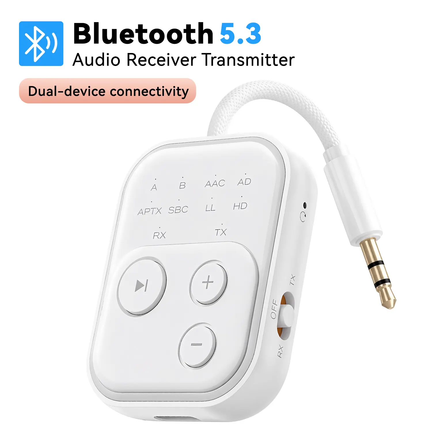 Bluetooth 5.3 Transmitter Receiver, 2-in-1 Wireless Audio Adapter with Low Latency HD Sound, Dual Link for 2 Headphones, 3.5mm AUX for TV, PC,MP3, Airplane & Travel