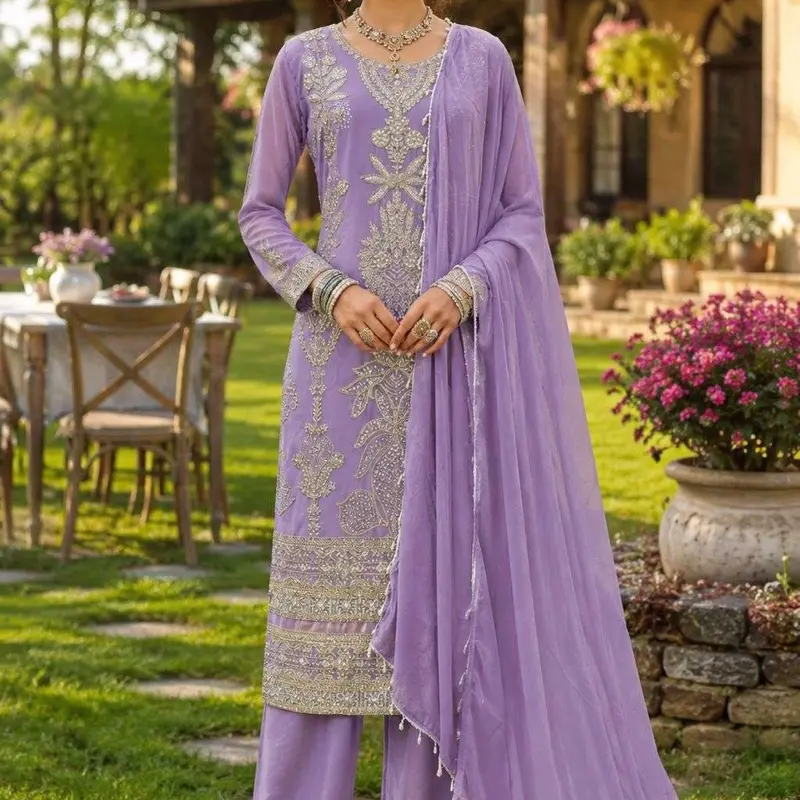 Elegant Lavender Georgette Palazzo Suit with Zari Embroidery, Premium Fabric for Wedding Guests