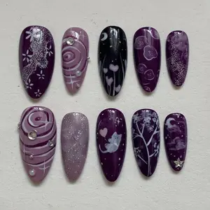 Handmade Gothic Press On Nails | Deep Purple, Glitter Ombre & Cute Cat Silhouette | Oval Shape for a Mystical Aesthetic Look