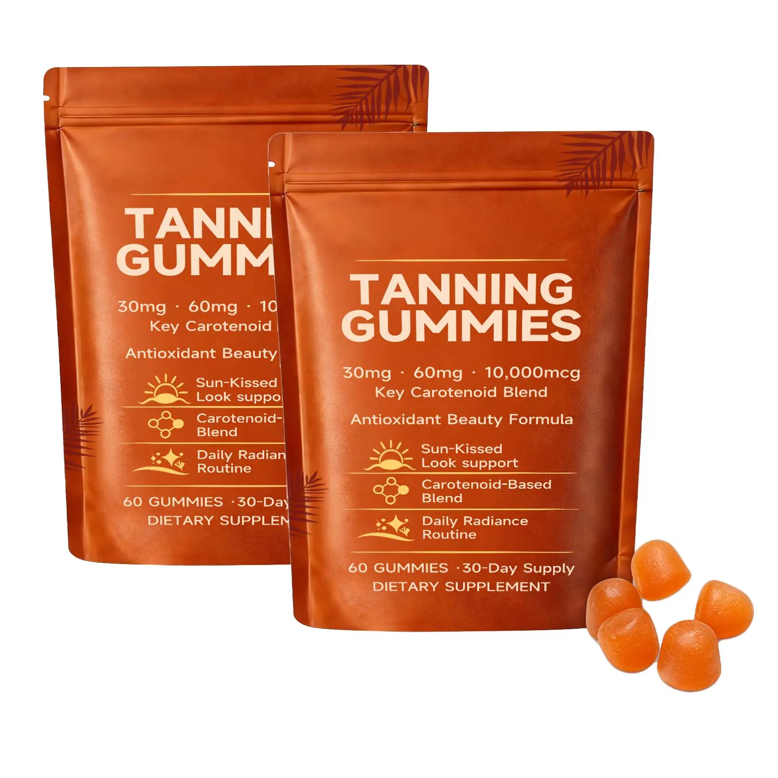 2 Bags Tanning Gummies, Astaxanthin & Beta-Carotene Tanning Formula, Supports Natural Glow and Skin Radiance, Bronzing, Non-GMO, Vegan & Sugar Free, 60 Count