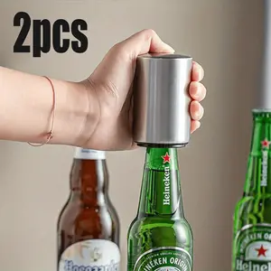 2pcs High-quality Stainless Steel Beer Bottle Opener, Automatic Press Type, Non-destructive Quick Opening, Portable Press-type Magnetic Bottle Cap Collector, Fun Bartender Bottle Opener, Suitable for Picnics, Camping, Hiking