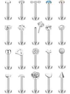 Simple 20 Pcs Silvery Threadless Push in Nose Stainless Steel Stud Rings Lip Rings for Women Men Flat Back Earrings Shining Cz Ball Heart Tragus Labret Helix Pierced Ring Cartilage Earrings Piercing Jewelry Set Body Piercings Set