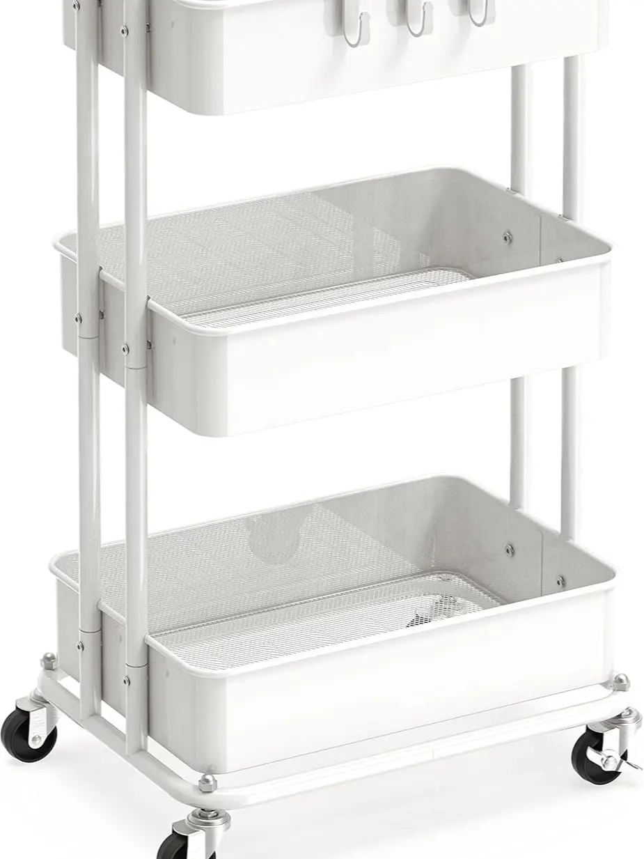 3-layer metal cart, white practical storage cart with wheels | Metal mesh craft carts with hooks and hanging cups are perfect for kitchens, bathrooms, offices, dormitories, art workspaces, and bedside storage