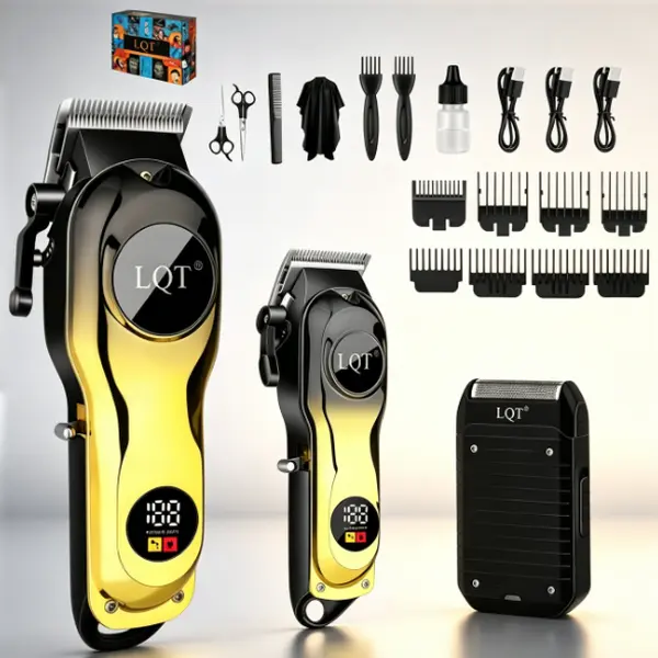 LQT Black Gold Gradient 3-in-1 Professional Barber Grooming Set Bundle - Cordless USB-Powered Hair Clippers with Dual LCD Displays, Electric Foil Shaver, Guide Combs, Scissors, Hair Cape, Oil for Men’s Salon & Home Styling, All Areas