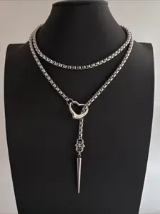 Hiphop Stainless Steel Heart Spike Pendant Necklace, Unisex Street Style Party Jewelry, Simple Trendy Chain Necklace for Men and Women