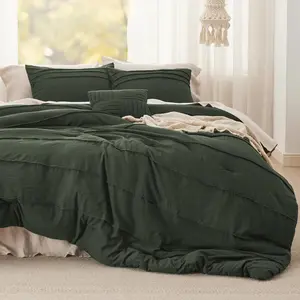 King Comforter - 4 Pinch Pleat, Olive Green Boho for, 1 Comforter, 2 Pillowcases, 1 Decorative Pillow