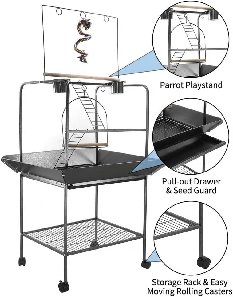 Bird PlayStand, 62 Inch Parrot Stand with Wheels, Bird Stand Activity Play Center with Perches and Ladders, Indoor Outdoor Playground with Swing for Parakeet, Cockatiels Conures Macaw