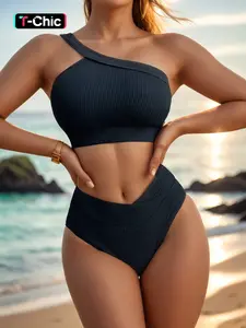 Two-Piece Set Women's Solid Color Ribbed Bikini Set for Beach Holiday Vacation, Ladies Swimwear for All Seasons, Swimming Suit