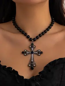 Rhinestone Decor Cross Pendant Necklace for Women, with Beads Design, Punk Style Jewelry for Party, Daily Decor, Trendy All-match & Exquisite Jewelry for Birthday Gift