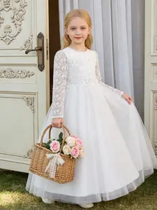 Lace long dress wedding dress flower girl dress Princess Dress girl mesh tulle skirt birthday party piano performance children's dress
