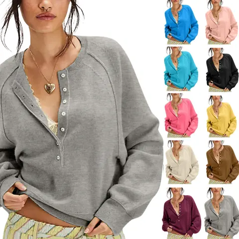 SCUSTY Womens Comfort Hoodies Long Sleeve Sweater Tops Half Button Sweaters Fall Henley Neckline Casual Lightweight Solid Pullover Soft Knitting Breathable Fabric Womenswear