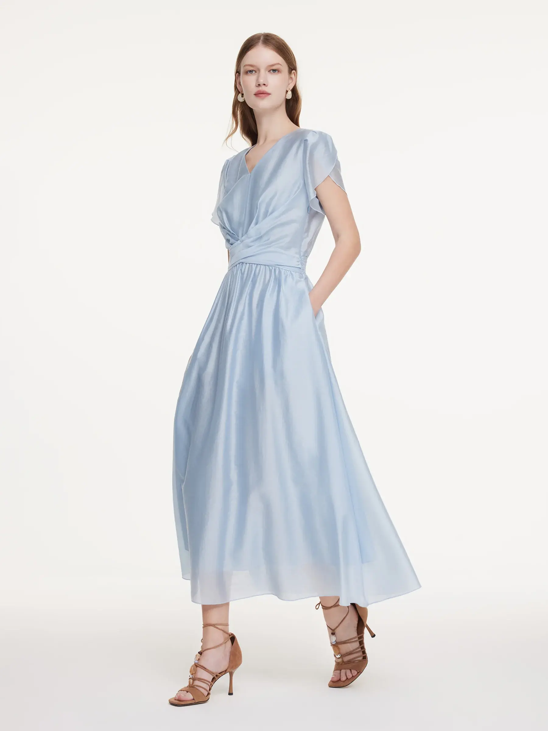 Women's Tencel Blend Short-Sleeve Twist-Front V-Neck Casual Maxi Dress, Shortsleeve