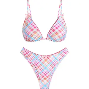 Women's String Triangle Bikini Sets Sexy Triangle Textured Tied High Cut Swimsuit Brazilian 2 Piece Bathing Suit