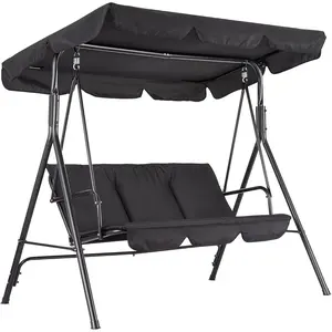Outdoor Patio Swing Chair with Adjustable Canopy 3-Seat Heavy-Duty Steel Frame Porch Swing with Stand Thick Waterproof Cushions for Garden Backyard Lawn Front Porch
