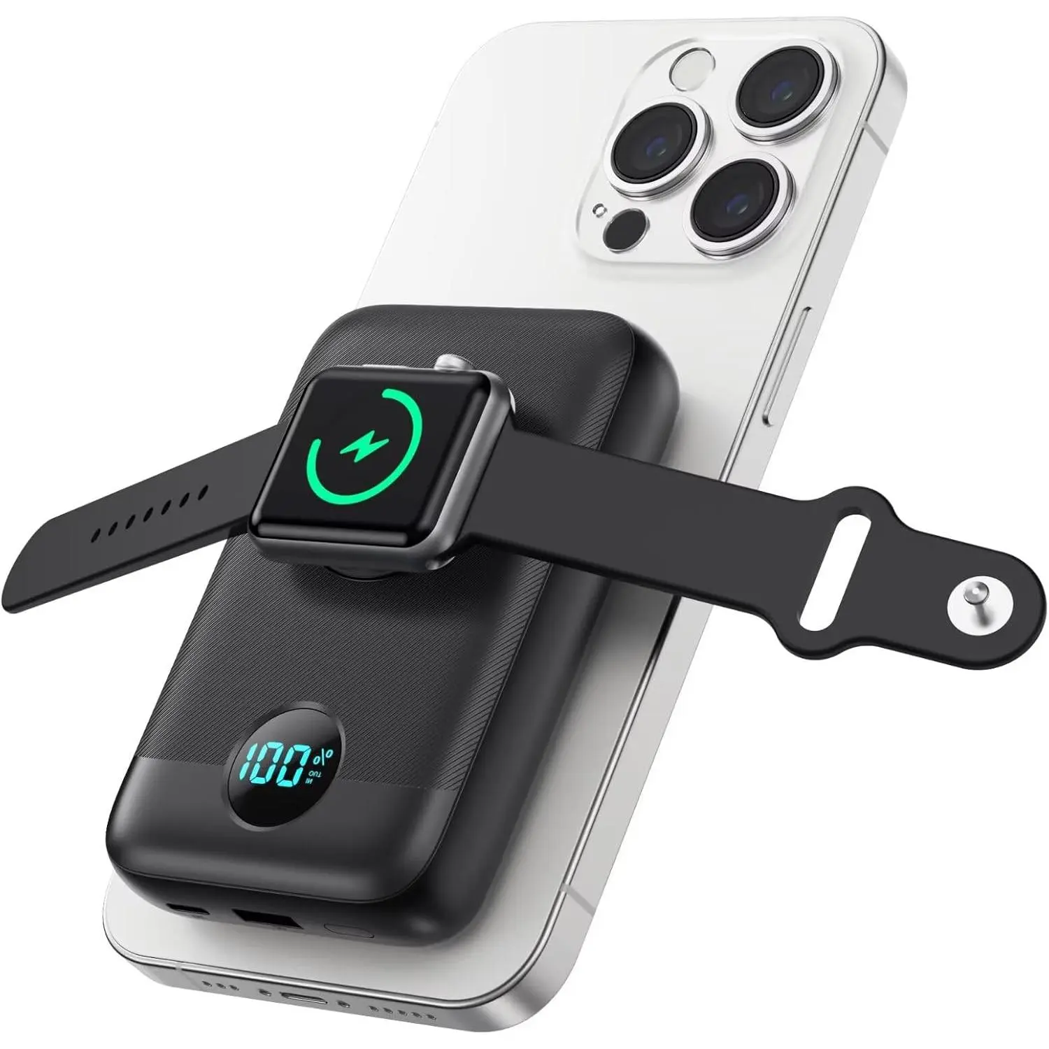 SQ-MPP001-GJ Magnetic Portable Charger for iPhone, 10800mAh 4-in-1 Wireless Power Bank with iWatch Charger, 25W PD Fast Charging Battery Pack with LCD Display for Magsafe,iPhone 16/15/14/13/12 Series,Apple Watch