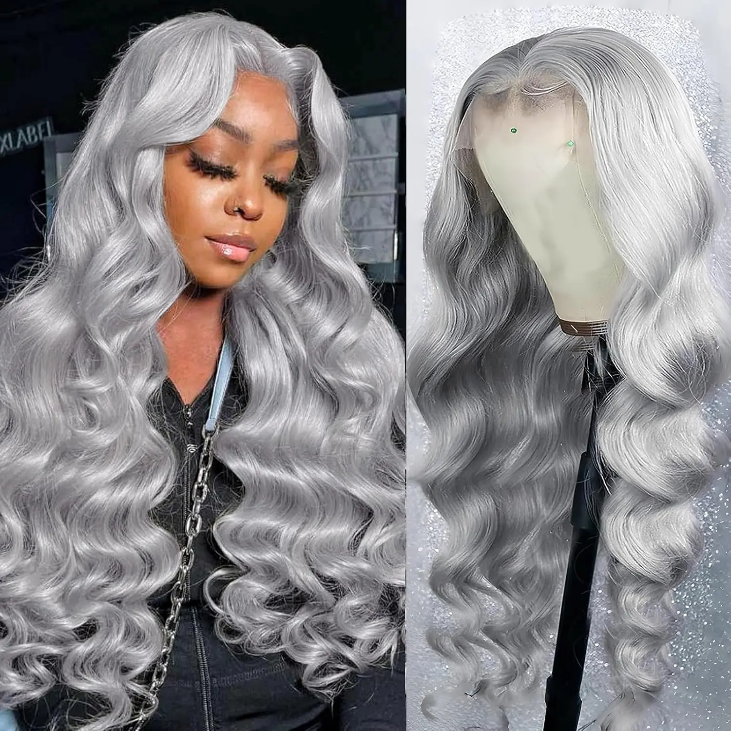 13x6 Grey Lace Front Wigs Human Hair Glueless HD Transparent Lace Wigs for Women, Ash Gray Silver Body Wave Human Hair Wigs Pre Plucked with Baby Hair Bleached Knots Heat Resistant, Real Virgin Hair 180% Density Natural Hairline 14-30 Inch