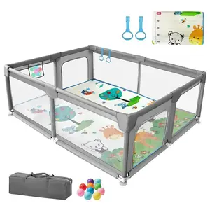 Gray Extra Large Baby Playpen with Mat & Storage - Sturdy Safe Toddler Play Area, Anti-Slip & Breathable Design, Easy to Assemble, Foldable for Indoor Outdoor Use, All-Round Protection