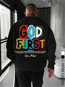 Unisex Y2K Style God Is First Slogan and Bible verse prints Long Sleeve Thickened Fitted Fall Winter Round Neck Pullover Sweatshirt, Streetwear Faith believer culture Casual Men's Gift
