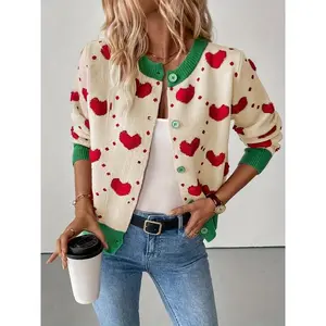 Women’s heart-shaped loose knit cardigan, autumn and winter casual fit sweater, with medium fabric thickness, very suitable for everyday wear