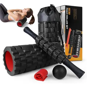 5 in1 Foam Roller Set, Trigger Point Foam Roller, Massage Roller Stick, Massage Ball, Resistance Band for Deep Muscle Massage Pilates Yoga,Fitness Exercise for Whole Body (Black-Red)