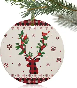 2024 Christmas Ornament Xmas Tree Hanging Accessories,Xmas Reindeer Cardinal Berry Snowflake Christmas Tree Round Ceramic Ornaments for Holiday Party Home Decor,Elk on Vintage Linen Red Plaid