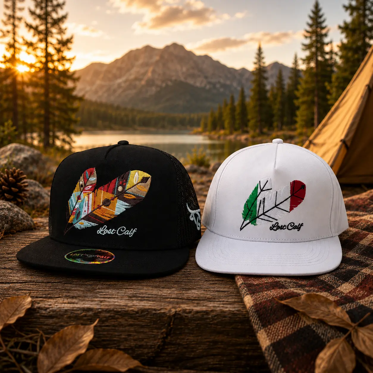 Lost Calf Feather Trucker Hat, Black & White Flat Bill Snapback Cap, Embroidered Tribal Feather Hat, Western Cowboy Mesh Cap, Country Style Gift