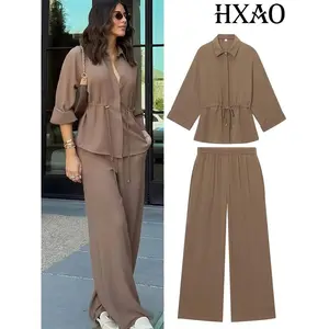 Pant sets Summer Women's Suit Shirts & Blouses Tops Trouser Women's Two Pieces Set Brown Short-sleeved Shirt Female Pantsuit