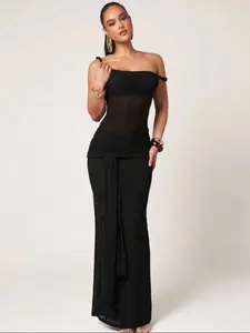 Elegant One-Shoulder Twist Mesh Long Dress, Shoulder Cutout Design, Waist Knot Slimming, Lace Material, Perfect for Evening Parties