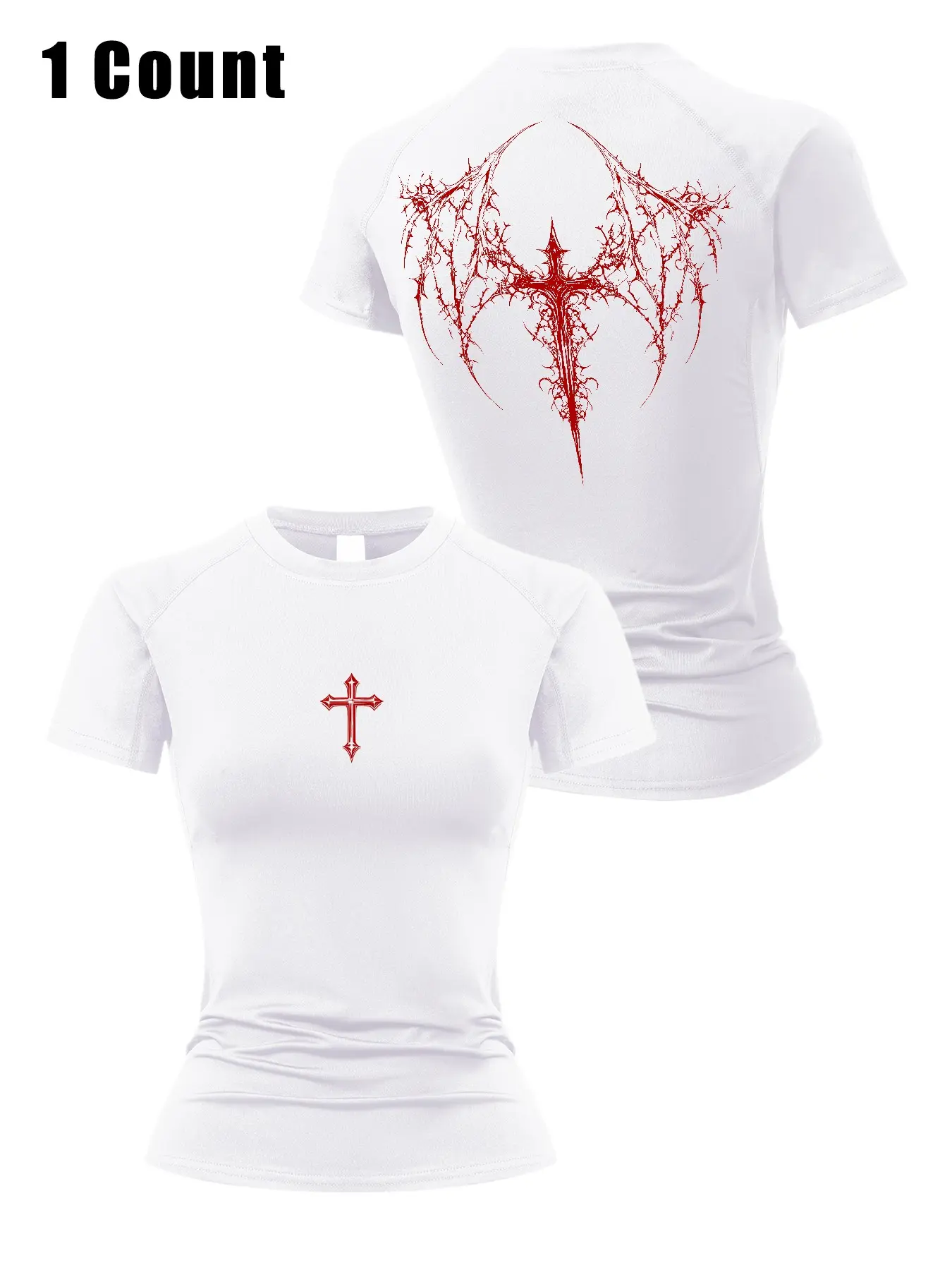 Middle Ages Y2K Gothic Style Dark Skeleton Wings Print Women's Short Sleeve Sport T-Shirt, Summer Quick-Dry Breathable Tight Fit Workout Top