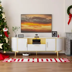 HOOBRO 70 Inch LED TV Stand Artistic Wave-groove Design, White TV Stand with Storage Drawers for Living Room, Modern LED TV Stand, White and Gold