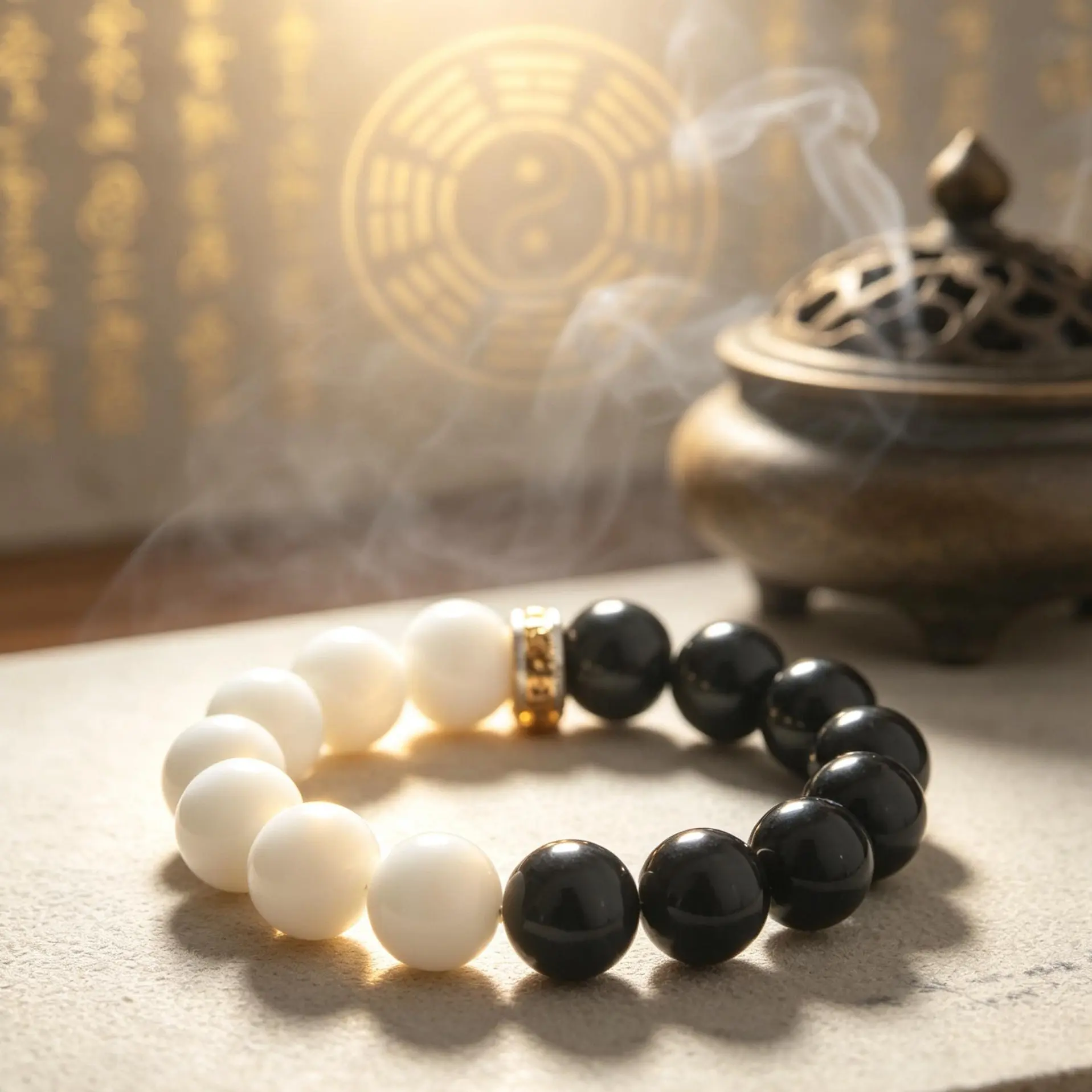Taiji Yin-Yang Bracelet, White Tridacna & Obsidian, Balance Aura, Ward Off Negative Energy, Lucky Amulet for Men Women