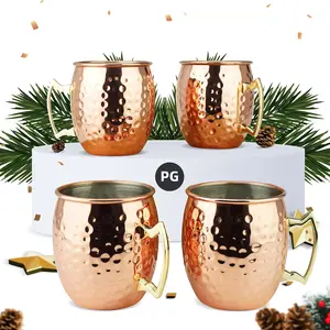 Moscow Mule Mugs | Large Size 19 ounces | Set of 4 Hammered Cups | Stainless Steel Lining | Pure Copper Plating | Gold Brass Handles | 3.7 inches Diameter x 4 inches Tall