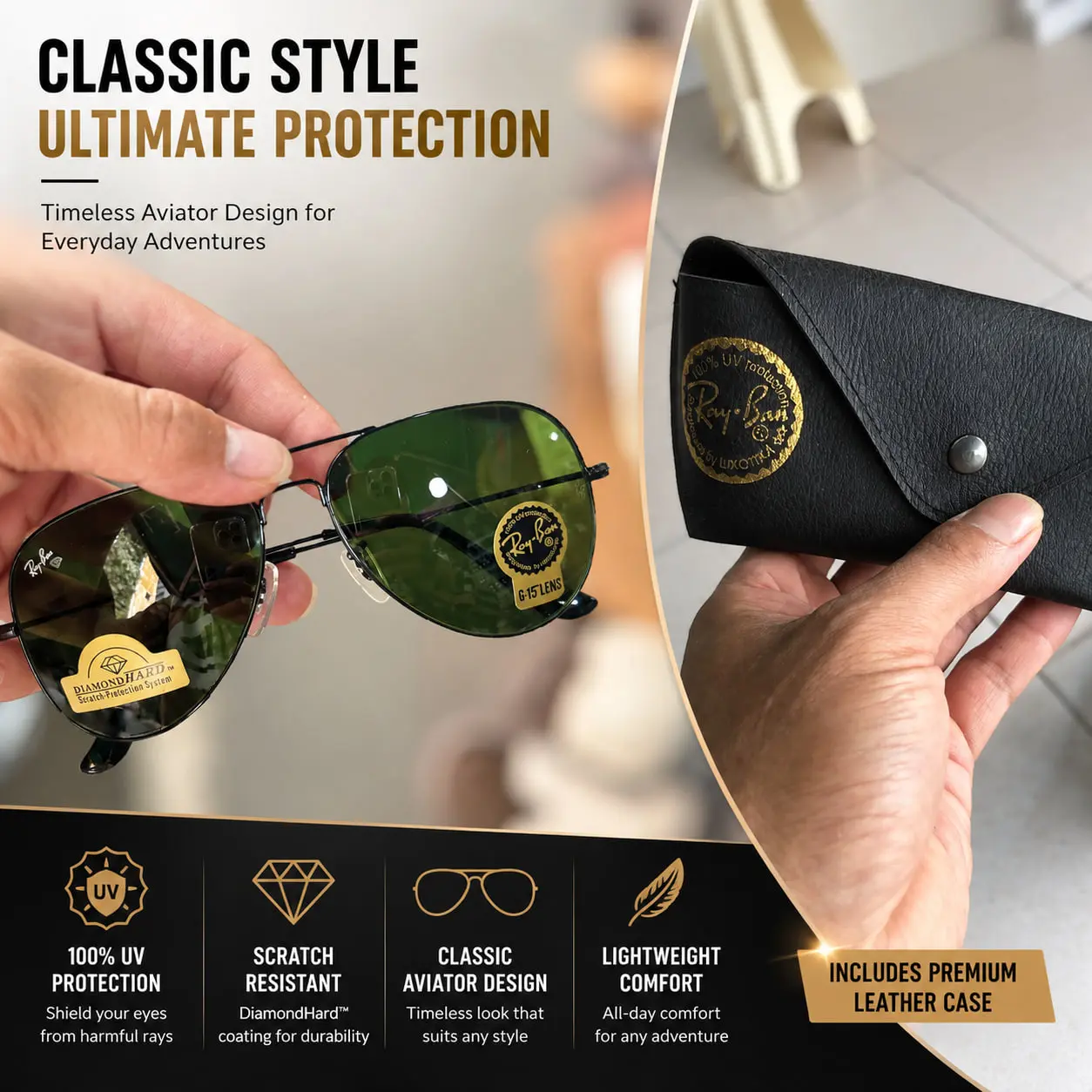 Ray-Ban Clubmaster Style Polarized Sunglasses for Men & Women UV400 Classic Black Gold Frame Retro Fashion Eyewear