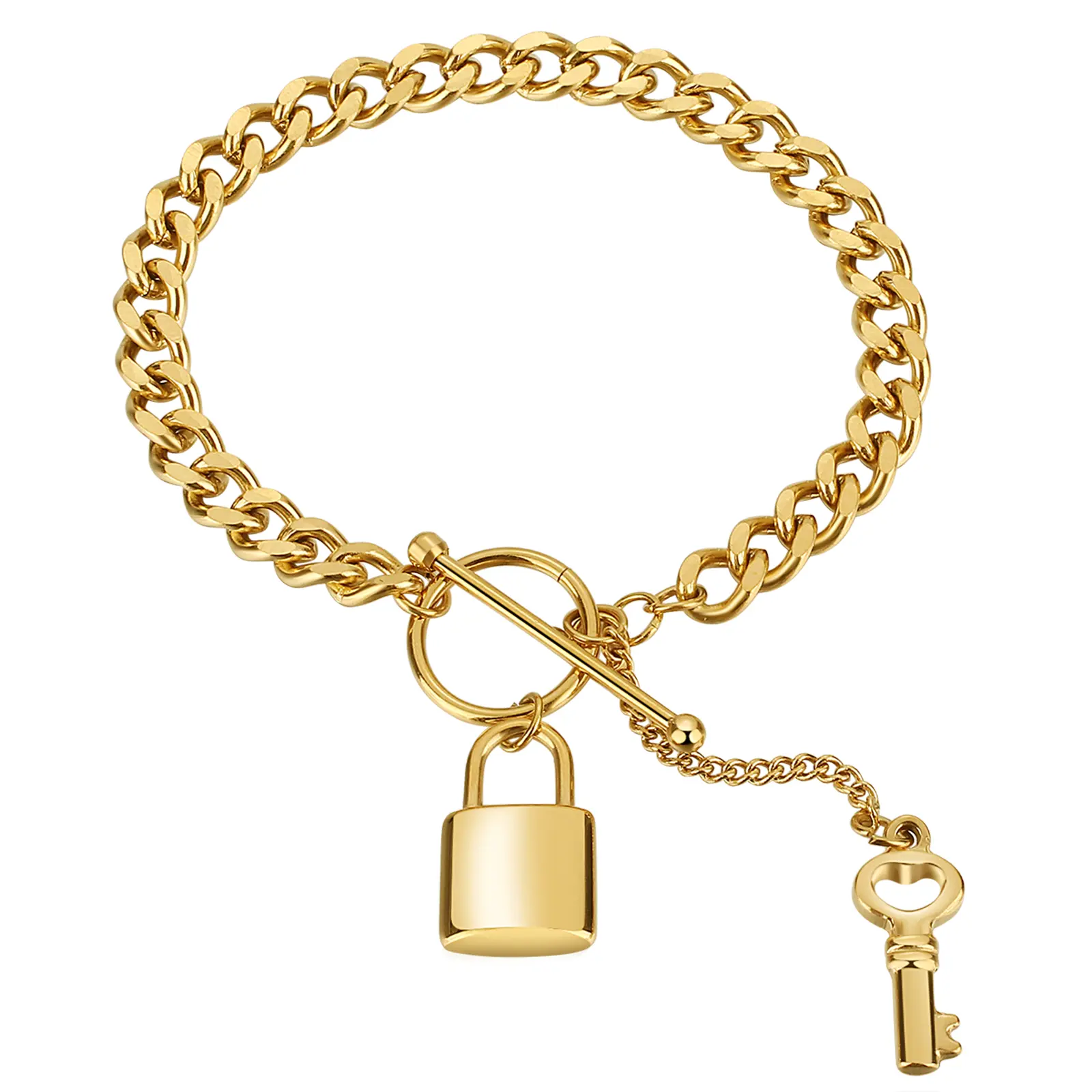 OIDEA Lock and Key Cuban Chain Jewelry for Women and Men, Stainless Steel Toggle Clasp Bracelet and Lariat Choker Necklace, Couple Gift