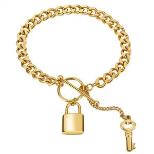 OIDEA Lock and Key Cuban Chain Jewelry for Women and Men, Stainless Steel Toggle Clasp Bracelet and Lariat Choker Necklace, Couple Gift