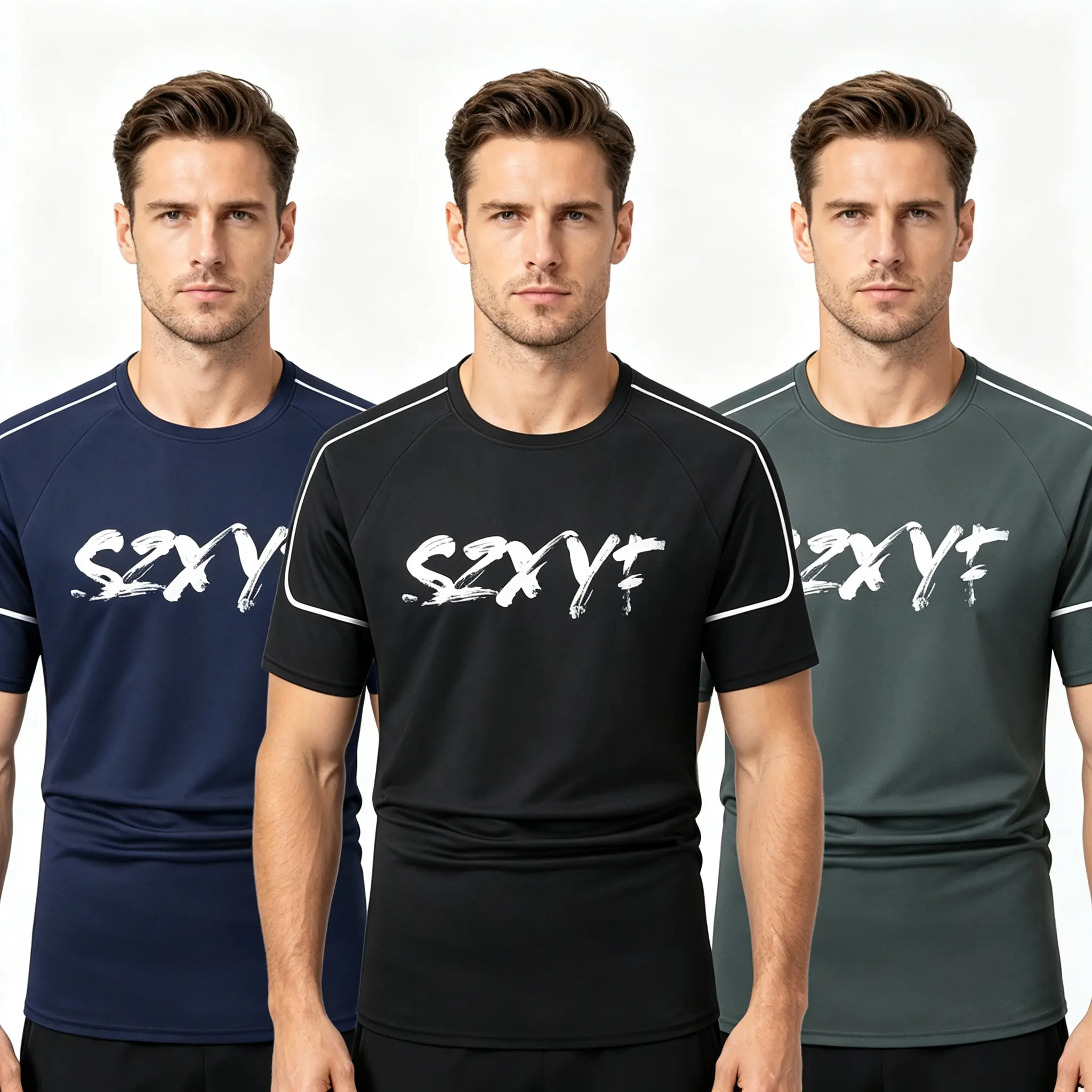 Multi-pack men’s SZXVF patterned quick-dry sports T-shirt featuring white striped raglan sleeves and a crew neck; moisture-wicking, stretchy, lightweight shirt suitable for fitness, outdoor travel, and casual wear.