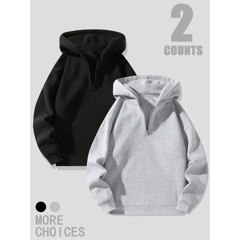 Men's Solid Drop Shoulder Half Zip Up Thermal Lined Hoodie Fashion Casual Regular Fit Hooded Sweatshirt for Daily Outdoor Wear Men's Clothes for Fall & Winter Menswear Tops