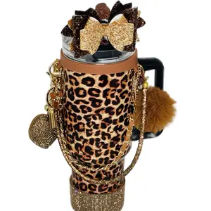 Jessica Cheetah Black and Brown Print 40 oz Tumbler with Gold Glitter Bow & Pom Pom Accessories