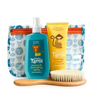 T IS FOR TAME Hair Taming Starter Kit for Kids with Matte Cream Detangling Spray & Natural Bristle Brush Coconut Jojoba Gel Organic Lightweight