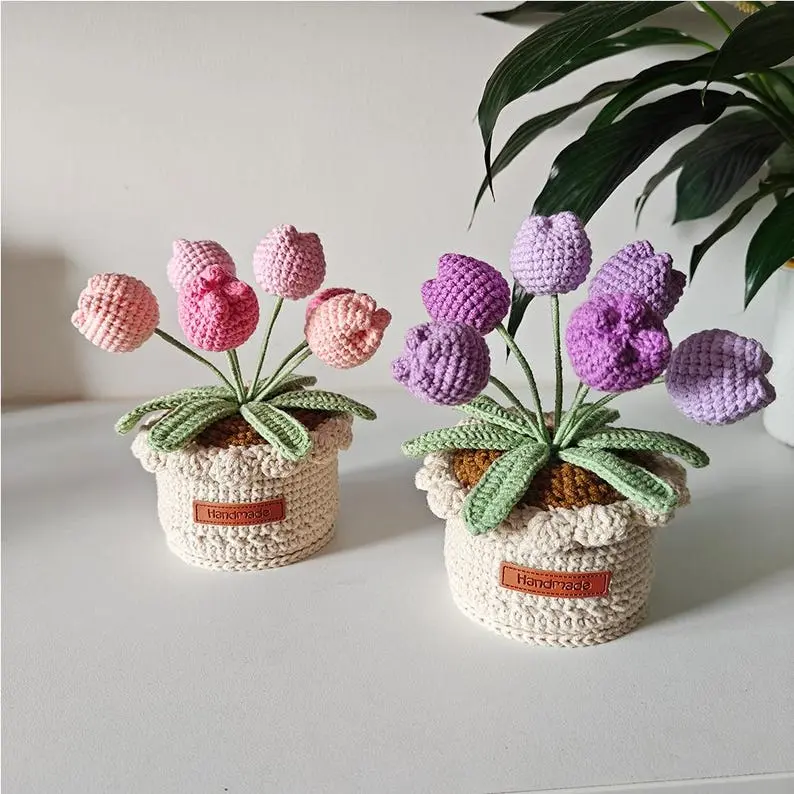Crochet Flower in Pot,Crochet Tulip,Lily of the Valley,Home,Desk Decoration Plant,Pink,Purple Tulip,Birthday,Anniversary Gift,Gift for Mom