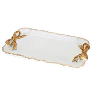 Vintage Decorative Tray Jewelry Tray Towel Tray Storage Tray Rings Necklace Bracelets Earrings Trays Cosmetics Jewelry Organizer Retro Design Bow Decor Resin Plate Coquette Room Decor (White)