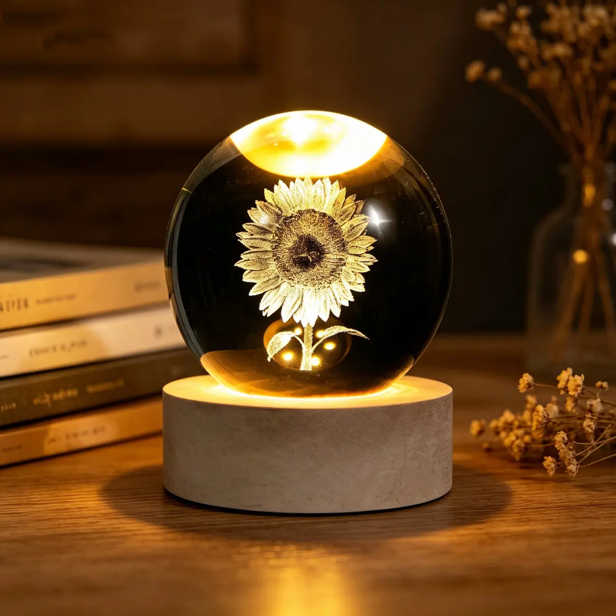 3D Laser Etched Sunflower Crystal Ball LED Night Light - Portable Charger Compatible, USB Cable Included, Ambient Glow, Indoor Recreation Decor, Collectible Figurine Gift for Mom (Christmas, Thanksgiving), Computer, Valentines Day, Indoor Decor