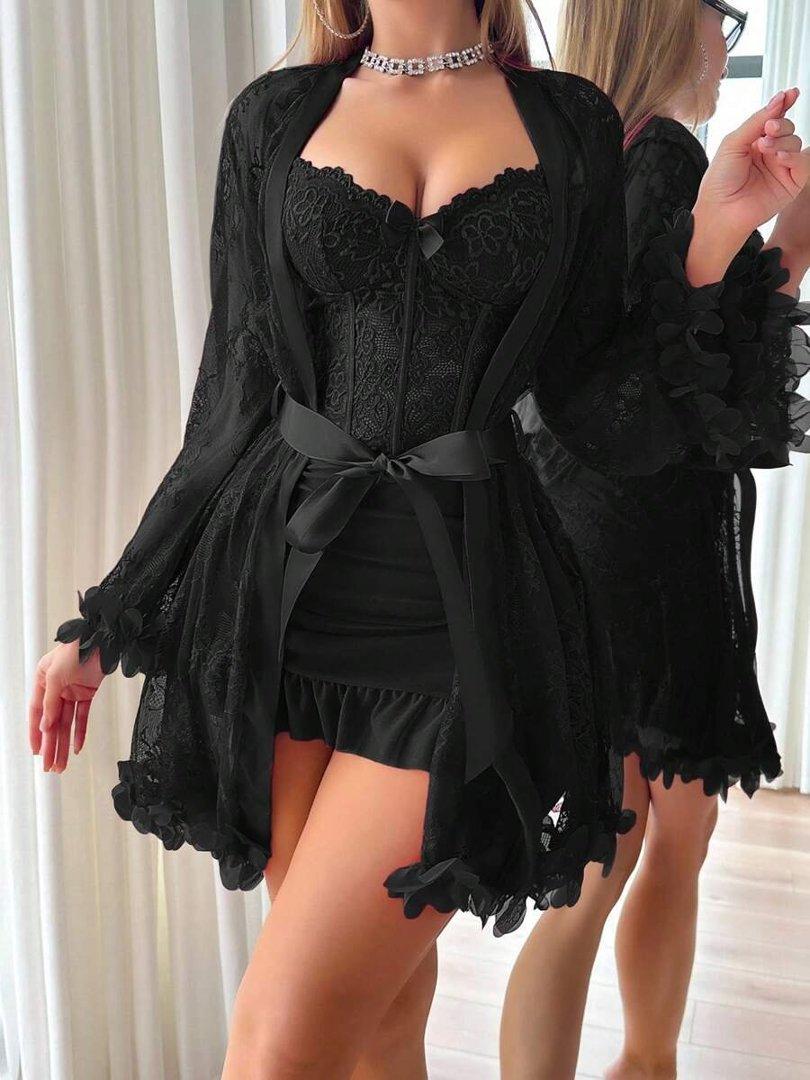 2 pcs Lingerie For Women Womens Lace Bodysuit Sexy Nighty Mesh Sleepwear V Neck Chemise Nightgowns 2 pcs Lingerie For Women Womens Lace Bodysuit Sexy Nighty Mesh Sleepwear V Neck Chemise Nightgowns